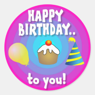 Happy Birthday ballon, Cake & Pet Ronde Sticker