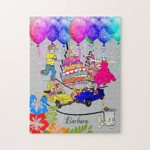 Happy Birthday-ballonnen over de heuvelCake Legpuzzel