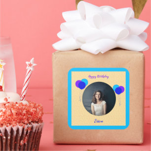 Happy Birthday Balloons Aangepaste foto en tekst Vierkante Sticker