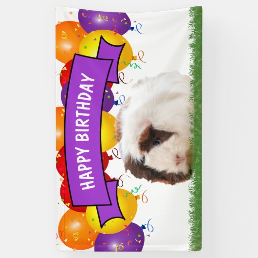 Happy Birthday Balloons White Guinea Pig Paars Spandoek (Verticaal)