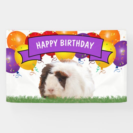 Happy Birthday Balloons White Guinea Pig Paars Spandoek (Horizontaal)