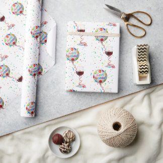 Happy Birthday Balloons With Red Wine Cadeaupapier