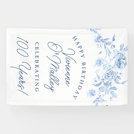 Happy Birthday Banner 100e Blauwe Bloemen Sjabloon (Horizontaal)