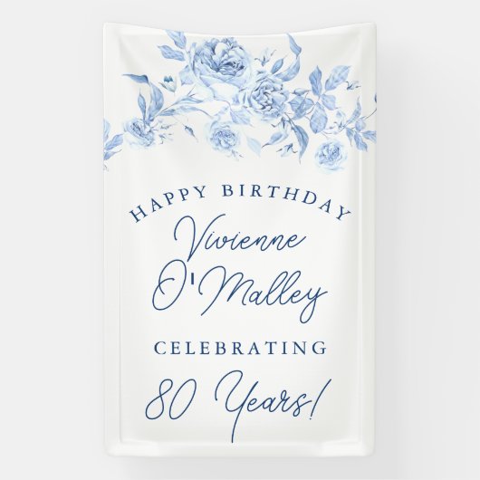 Happy Birthday Banner 80e Blauwe Bloemen Sjabloon (Verticaal)