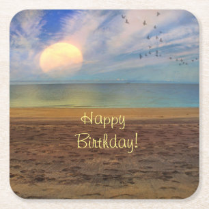 Happy Birthday Beach Sunset Vierkante Kartonnen Onderzetter