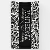 Happy Birthday Black en White Damask - tekst Spandoek (Verticaal)
