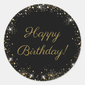 Happy Birthday Black Gold Glitter Ronde Sticker (Voorkant)