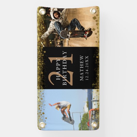 Happy Birthday Black & Gold Glitter Sparkle Party Spandoek (Verticaal)