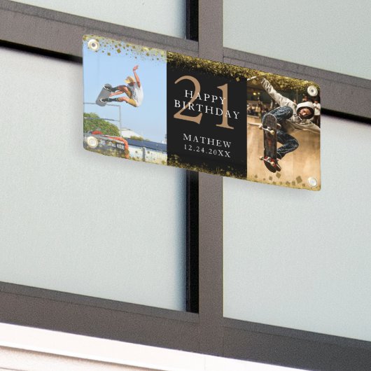 Happy Birthday Black & Gold Glitter Sparkle Party Spandoek (Buitenkant Gebouw)