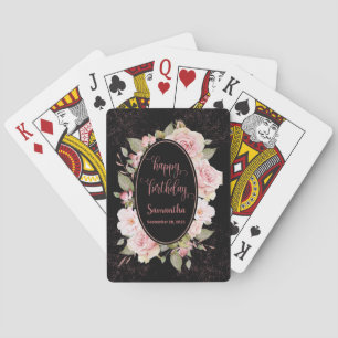 Happy Birthday Black + Roze Waterverf Floral Name Pokerkaarten