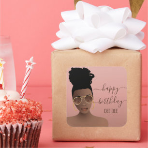 Happy Birthday Black Woman Gold Shades, Roze Blush Vierkante Sticker