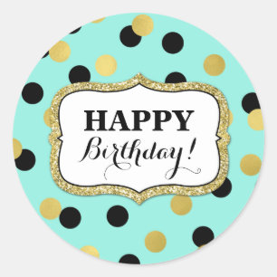 Happy Birthday Blauw Zwart Goud Confetti Ronde Sticker