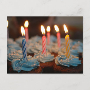 Happy Birthday Blue Cupcakes met kaars Briefkaart