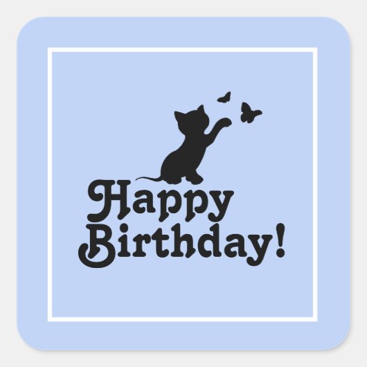 Happy Birthday Blue Kitten en Vlinder Sticker (Voorkant)