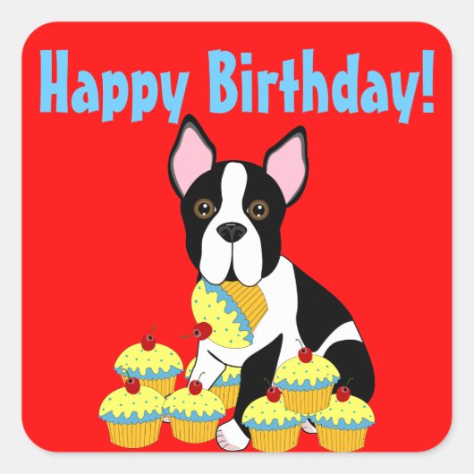 Happy Birthday Boston Terrier Cupcakes Stickers (Voorkant)