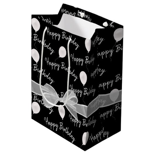 Happy Birthday Bow en Balloons Medium Cadeauzakje (Voorkant Gekanteld)