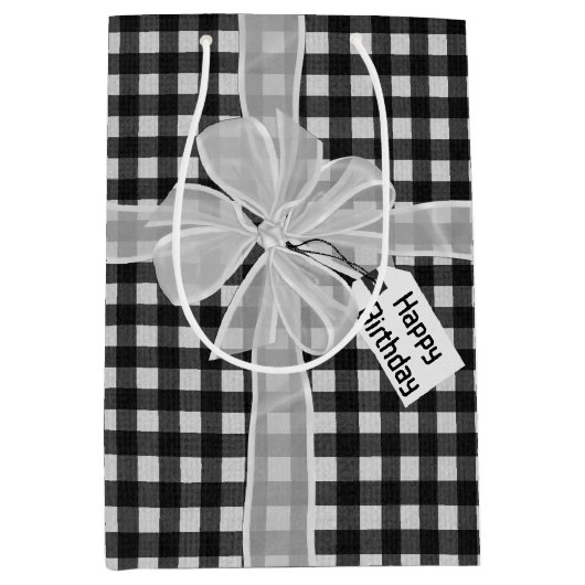 Happy Birthday Bow op Gingham Medium Cadeauzakje (Voorkant)