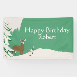 Happy Birthday Brown Deer Pine Tree Snow Green Spandoek