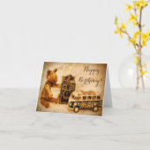 Happy Birthday brown wood speelgoedcamera Kaart (Gele Bloem)