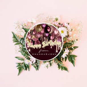 Happy Birthday Burgundy Drift Gold Balloon Marsala Ronde Sticker