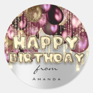 Happy Birthday Burgundy Silver Gold BALLOONS Ronde Sticker