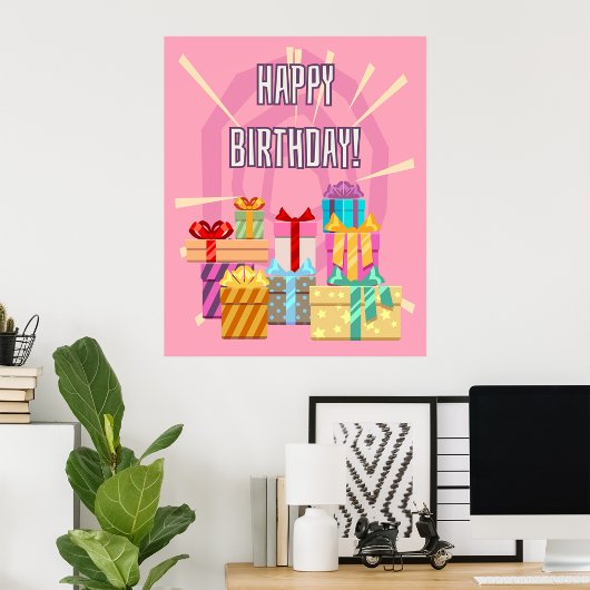 Happy Birthday-cadeautjes op roze Poster