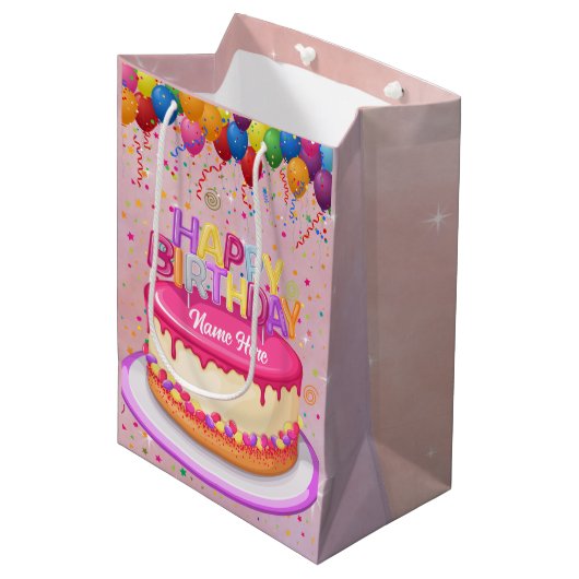 Happy Birthday Cake Balloon en Confetti Medium Cadeauzakje (Voorkant Gekanteld)