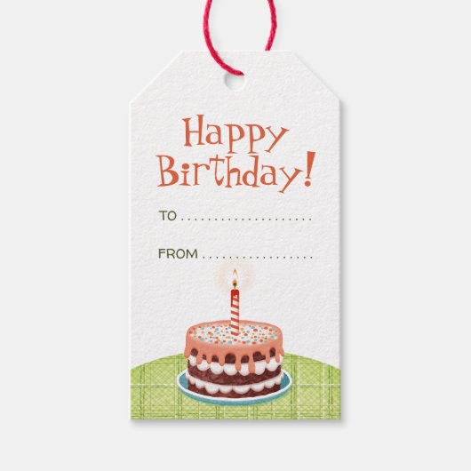 Happy Birthday cake, kaars en ballonnen Gift Label Cadeaulabel (Voorkant)