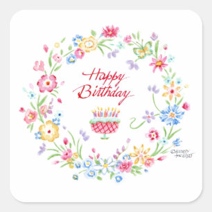 Happy Birthday Cake Meadow Flower Wreath Stickers