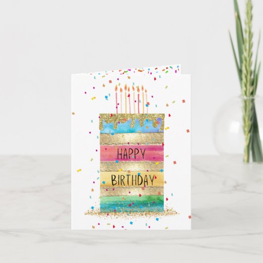 Happy Birthday Cake met Confetti en kaarsen Kaart (Voorkant)
