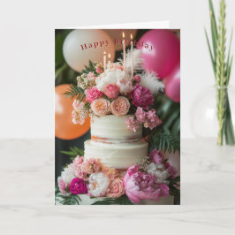 Happy Birthday Cake Pink Peonies Roses Feathers Kaart