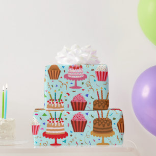 Happy Birthday Cakes en Cupcakes Patroon op blauw Cadeaupapier