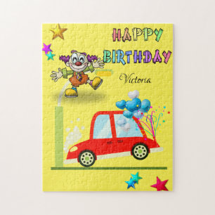 Happy Birthday Car Clown Stars Blue Hearts Legpuzzel