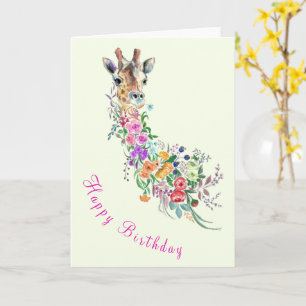 Happy Birthday Card Colorful Flowers Giraffe Kaart