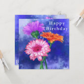 Happy Birthday Card Drie Colour Gerberas Kaart (Voorkant / Achterkant in situ)