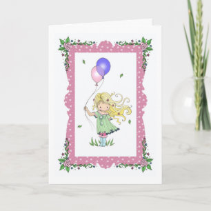 Happy Birthday Card Little Girl Holding Balloons Kaart