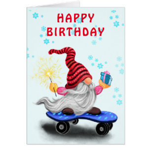 Happy Birthday Card Skater Gnome met Gifts