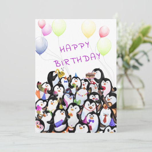 Happy Birthday Card with Happy Penguins Party (Staand voorkant)