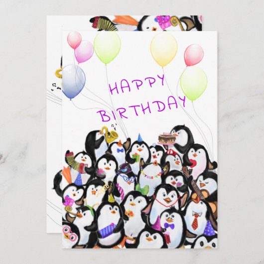 Happy Birthday Card with Happy Penguins Party (Voorkant / Achterkant)