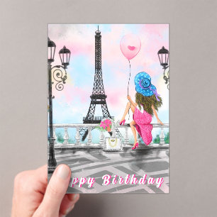 Happy Birthday Card Woman in Paris Eiffel Tower Acryl Uitnodigingen