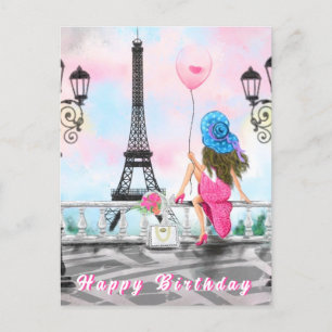 Happy Birthday Card Woman in Paris Eiffel Tower Briefkaart