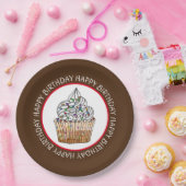 Happy Birthday Cartoon Vanilla Cupcake Papieren Bordje (Feest)