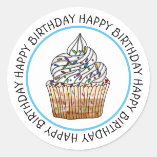 Happy Birthday Cartoon Vanilla Cupcake Ronde Sticker