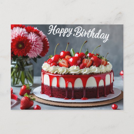 Happy Birthday Cherry Strawberry Cake Briefkaart (Voorkant)