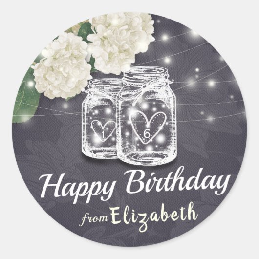 Happy Birthday Chic Mason Jar Flowers String Light Ronde Sticker (Voorkant)
