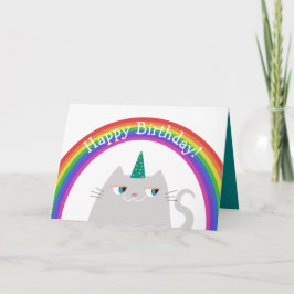 Happy Birthday Colorful Unicorn Cat and Rainbow Kaart