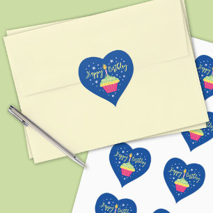Happy Birthday Cupcake Blauw Hart Sticker