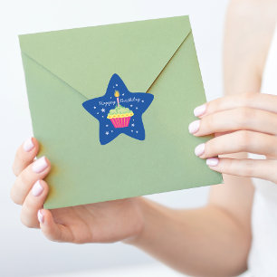 Happy Birthday Cupcake Blauw Ster Sticker