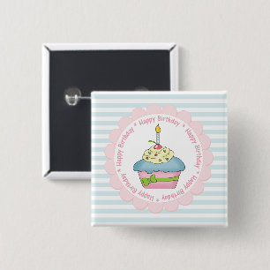 Happy Birthday Cupcakes Blauwe Strepen met Roze Vierkante Button 5,1 Cm
