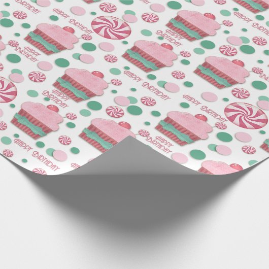 Happy Birthday Cupcakes en Snoep Pattern Cadeaupapier (Hoek)